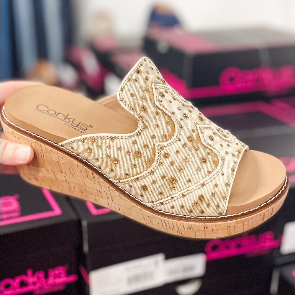 Corkys Footwear Neon Moon Open Toe Western Shoes Tan Washed Denim Rhinestones